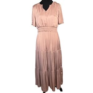 By The River Mauve Satin Tiered Maxi Dress Smocked Waist V-Neck Sz L Bridesmaid